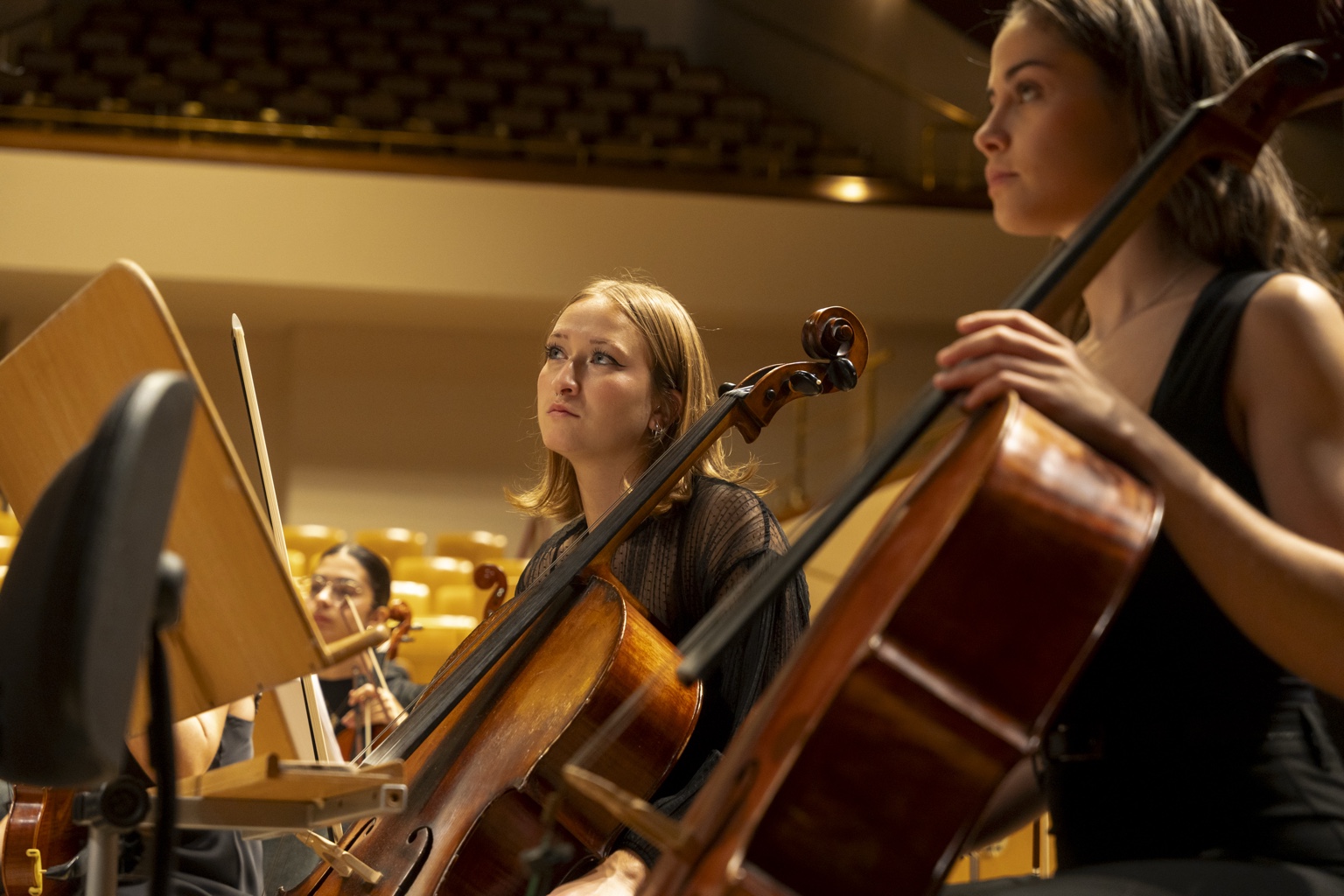 Joven violonchelista atenta durante la interpretación
