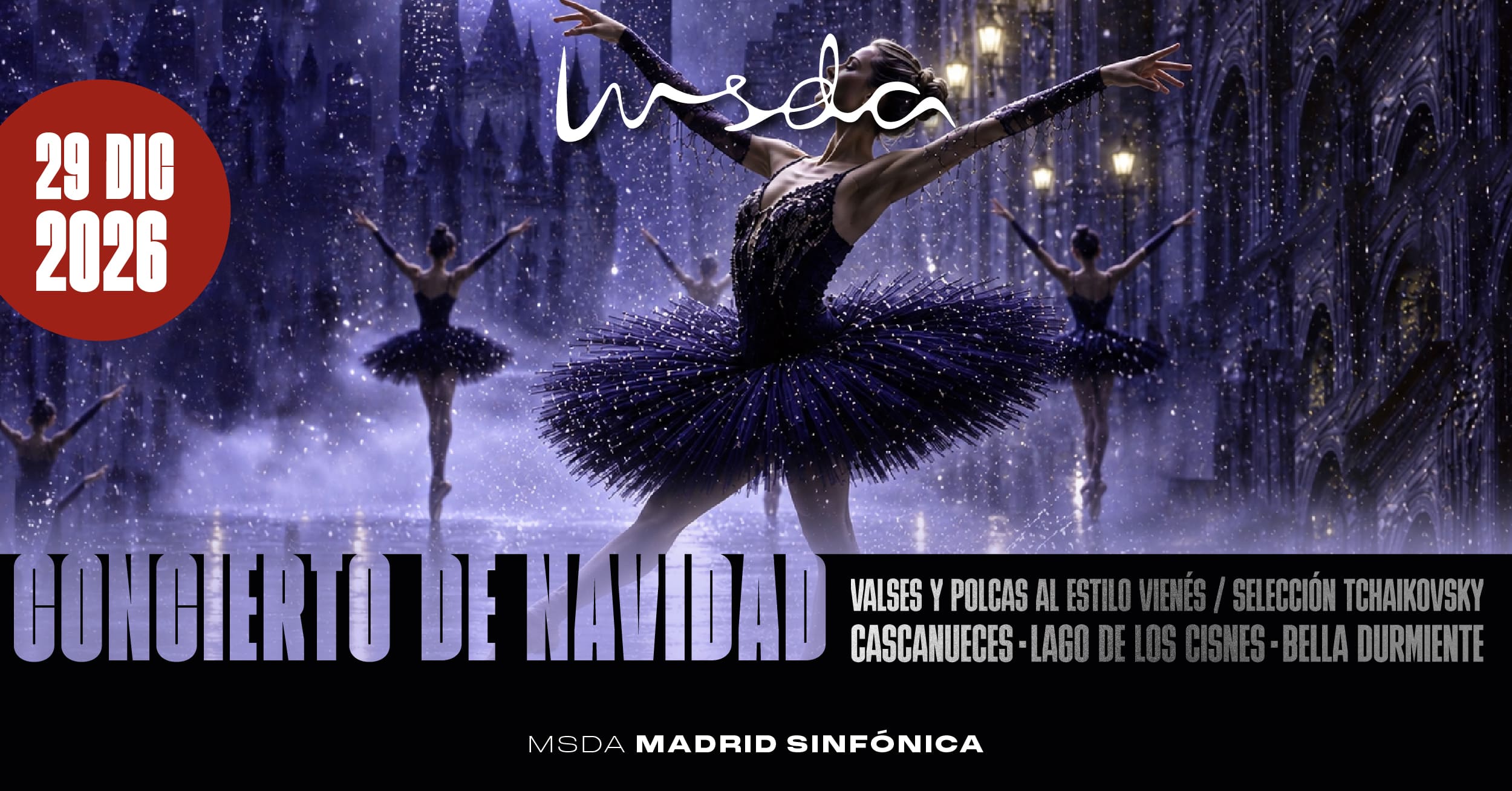 Cartel del Concierto de Navidad con una bailarina entre la nieve. 29 de diciembre de 2026, Madrid Sinfónica MSDA.
